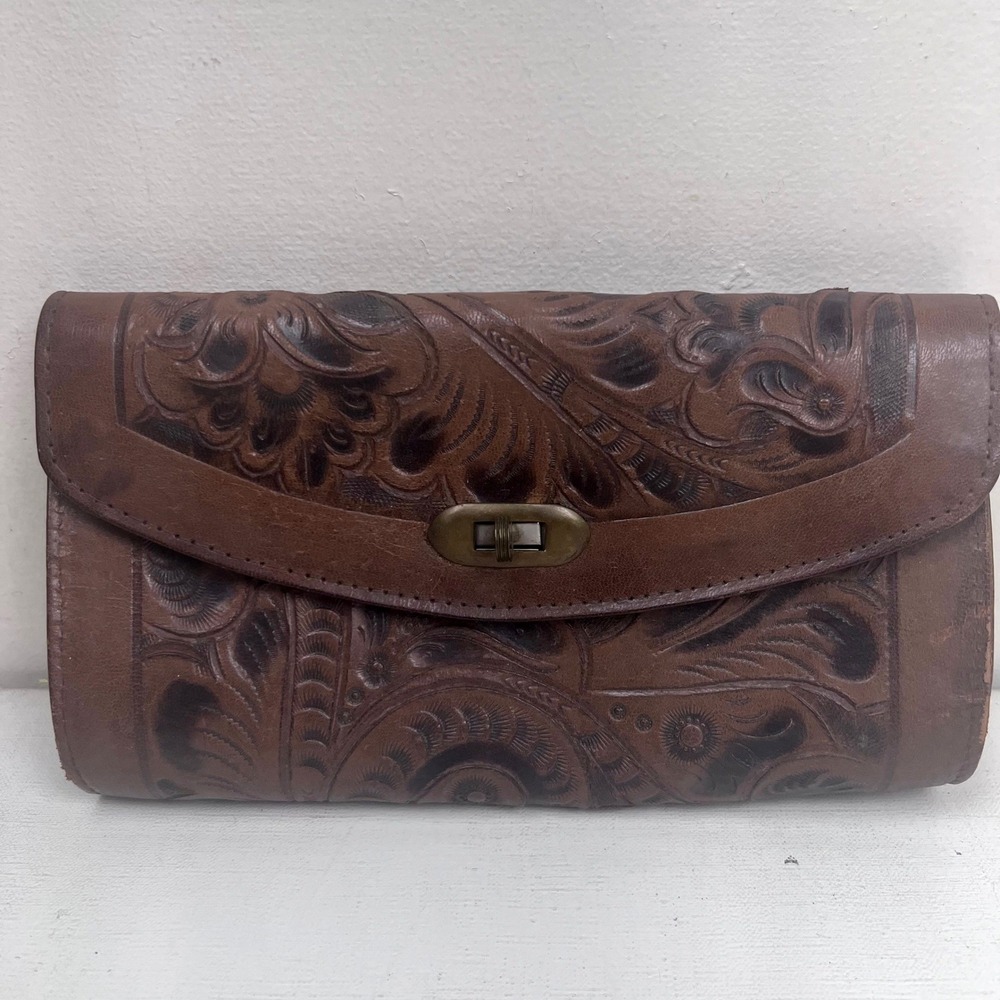 Gaitan Vintage Hand Tooled Leather Clutch Brown Floral Mexican Handbag Turn Lock